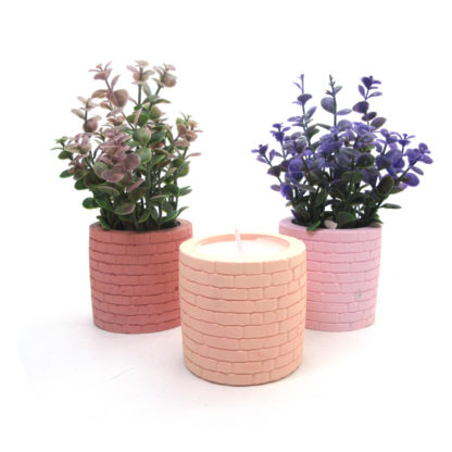 Tuğla desenli saksıda mum ve çiçek aranjmanları 3lü set