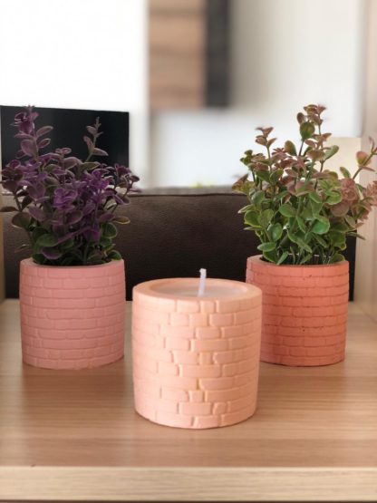 Tuğla desenli saksıda mum ve çiçek aranjmanları 3lü set - Görsel 3