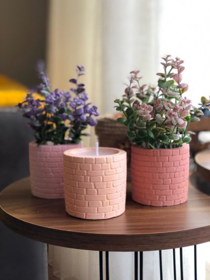 Tuğla desenli saksıda mum ve çiçek aranjmanları 3lü set - Görsel 9