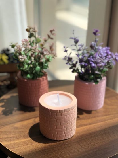 Tuğla desenli saksıda mum ve çiçek aranjmanları 3lü set - Görsel 2