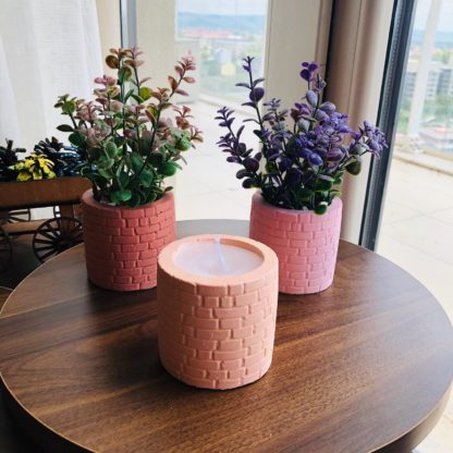 Tuğla desenli saksıda mum ve çiçek aranjmanları 3lü set - Görsel 5